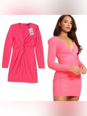 NWT Zara Barbie Pink V-Neck Long Sleeve Stretchy Bodycon Mini Dress